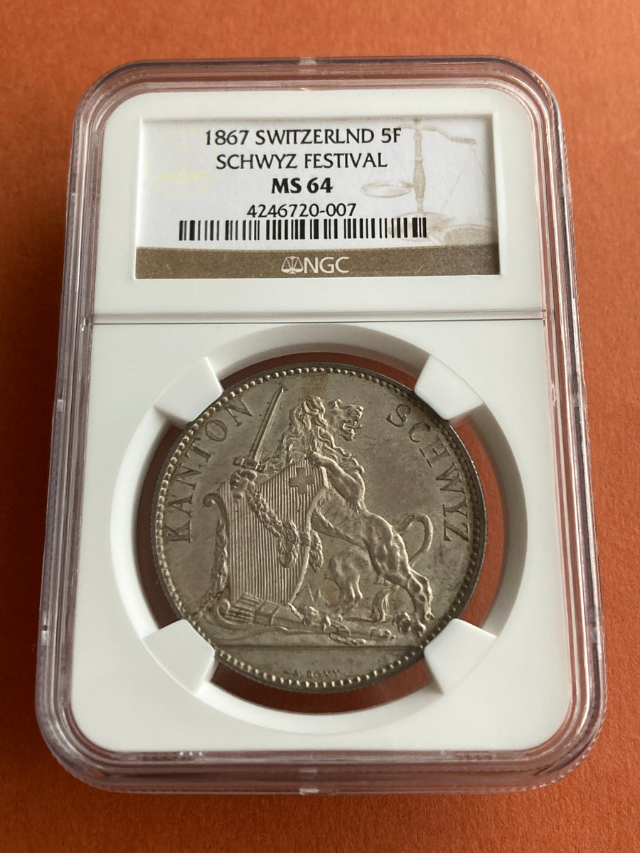 1867年 スイス 射撃祭 5フラン銀貨 シュヴィーツ祭典記念 NGC MS64 1867年 スイス 5フラン 射撃祭 シュビーツ 銀貨 NGC MS64 – LegacyCoin