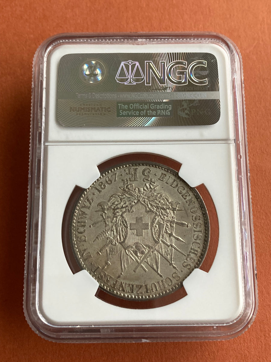 1867年 スイス 5フラン 射撃祭 シュビーツ 銀貨 NGC MS64 – LegacyCoin