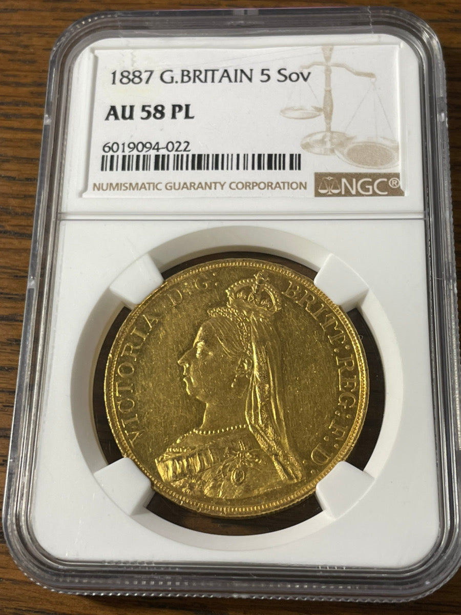 1887年 イギリス ヴィクトリア女王 5ポンド金貨 NGC AU58PL – LegacyCoin