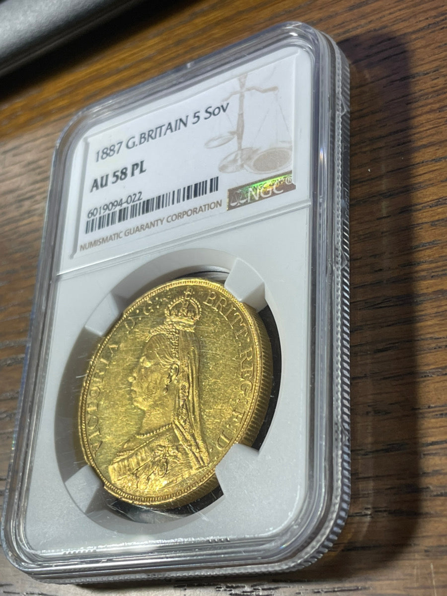 1887年 イギリス ヴィクトリア女王 5ポンド金貨 NGC AU58PL – LegacyCoin