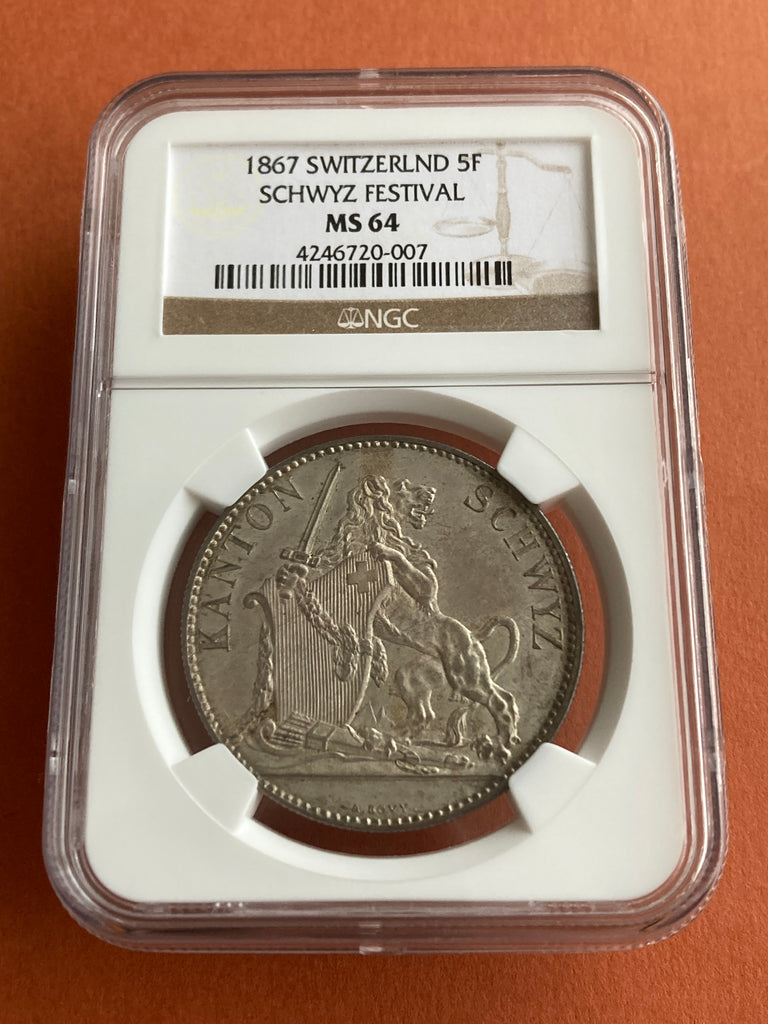 1867年 スイス 射撃祭 5フラン銀貨 シュヴィーツ祭典記念 NGC MS64 1867年 スイス 5フラン 射撃祭 シュビーツ 銀貨 NGC MS64 – LegacyCoin