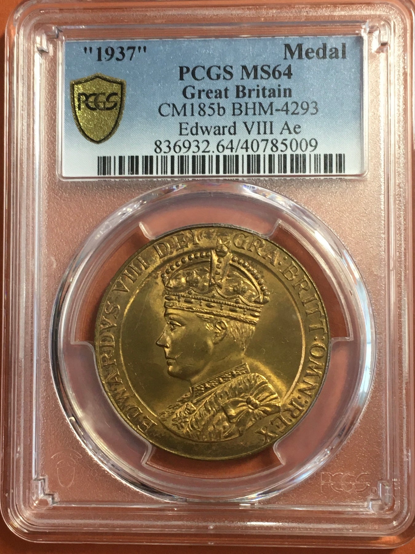 1937　イギリス　エドワード８世　ブロンズメダル　MS64  PCGS
